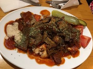 Iskender kebab at Vegan Community Kitchen in Istanbul