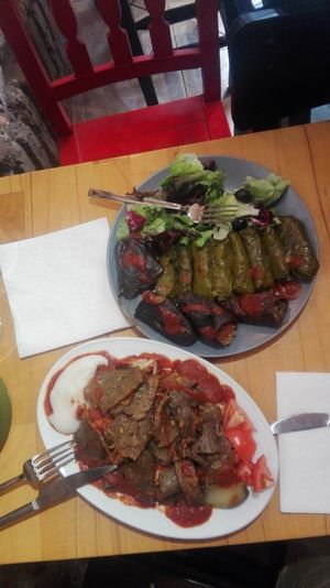 dolmeh and iskender kebab at Vegan Community Kitchen in Istanbul