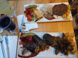 Meatball and aubergine menu at Vegan Community Kitchen in Istanbul
