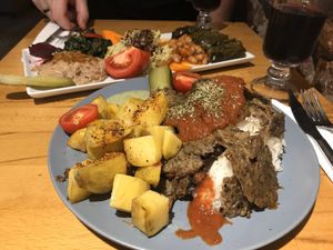 Vegan Donar with rice and potatoes  at Vegan Community Kitchen in Istanbul