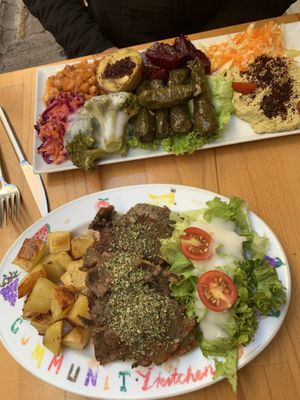 Mezzo platter and meatballs at Vegan Community Kitchen in Istanbul