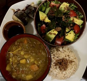 Vegan plate of the day q60 (included miso soup) at Kámui in San Pedro La Laguna