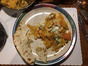 Vegetable Briyani with Raita sauce and Peshawari Naan at Bombay House in Provo