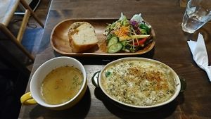 Mushroom soymilk-gratin (vegan-optioned) at Cafe VG in Naha