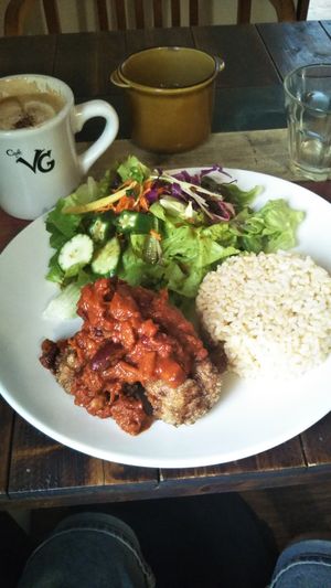 Daily lunch plate - fried soy chicken at Cafe VG in Naha