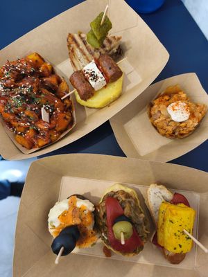 Papas bravas, la de papa y chorizo, la de "cangrejo", las de berenjena, palmito y ensaladilla rusa at Plant Bites in Bilbao