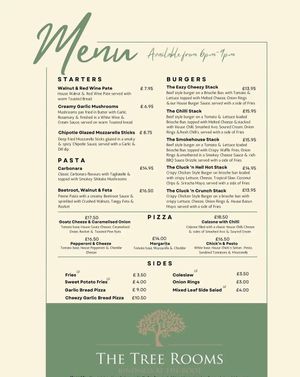 Evening menu at The Tree Rooms in Newcastle Upon Tyne