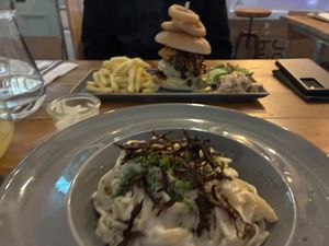 Carbonara pasta and steakhouse stack   at The Tree Rooms in Newcastle Upon Tyne