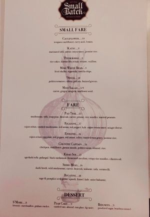 The menu at Small Batch in St Louis