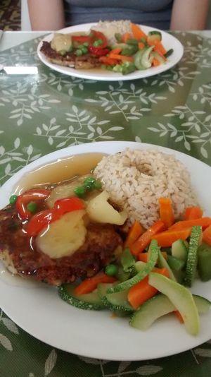 Soy pattie with mango topping at Sayel in Lima