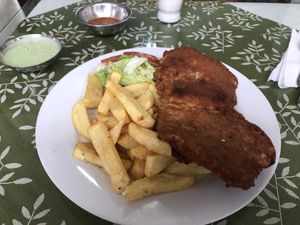 Breaded and fried seitan.  at Sayel in Lima