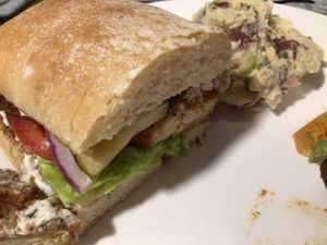 Crispy tofu chikn ranch sandwich inside look at Modern Love in Omaha