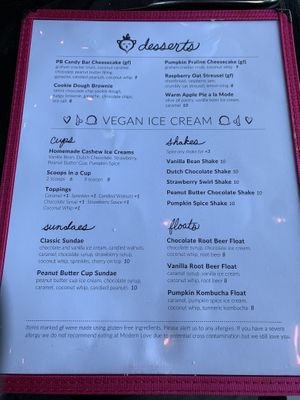Dessert menu  at Modern Love in Omaha