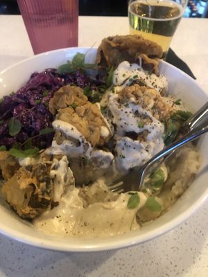 Mushroom fried chicken…individually each ingredient is delicious. Combined it’s a flavor explosion. I’d eat the white gravy and potatoes all day long. at Modern Love in Omaha