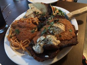 Over-fried garbanzo cutlet entree, $18 plus tax plus tip. Do not recommend.  at Modern Love in Omaha