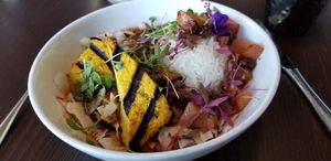 Summer Squash Chana Masala - with Turmeric Tofu. Absolutely delicious! at Modern Love in Omaha