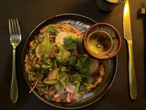 Rice crepe with herbs  at Alkemē in Santa Fe