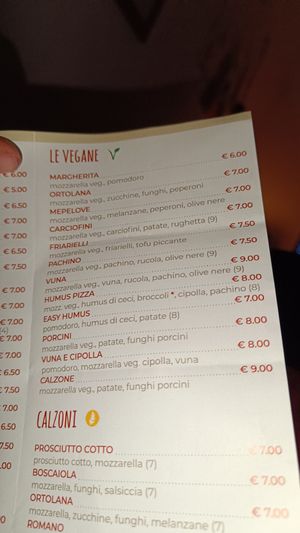 Opzioni di pizze vegane at Easy Pizza di Michael J. in Rome