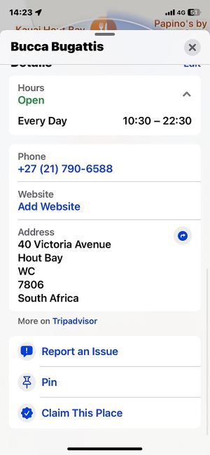 Contact details   at Bugattis in Cape Town