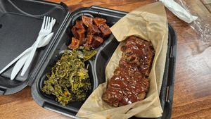 Rib dinner with kale greens and candied yams at Ike's Vegan Barbecue in Cincinnati