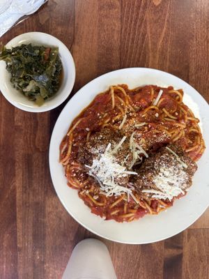 Oyster mushroom Parmesan and some tender collard greens.  at Ike's Vegan Barbecue in Cincinnati