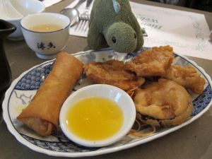 Imperial Roll (vegan spring/pancake roll) and Vegetable Tempura (also vegan), with orange dipping sauce. at Yuan in Montreal