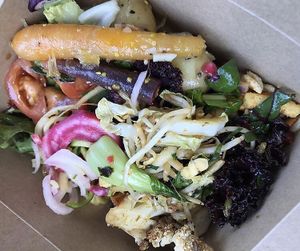 small colourful takeaway salad  at Kemis Pontcanna in Cardiff