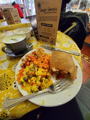 Grilled veg & mushroom leek pastie w/ an assortment of salads and a matcha latte w/ oat milk. at Simple Simon in Donegal