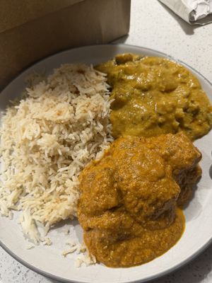 Coconut rice (full portion), vegan korma (half portion), plant-based tikka masala (half portion)  at Veva Vegan - Hornsey in London