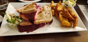 Vegan Rueben w/fries & vegan slaw at True BBQ and Whiskey Bar in Munster