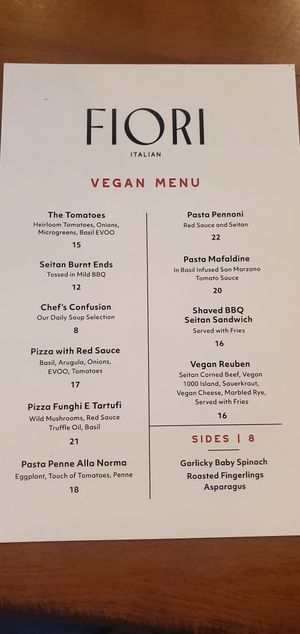 Italian side vegan menu at True BBQ and Whiskey Bar in Munster