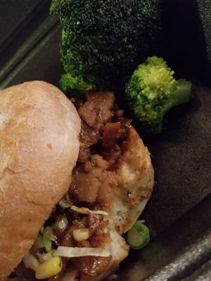 shaved BBQ seitan sandwich with vinegar coleslaw + roasted broccoli at True BBQ and Whiskey Bar in Munster