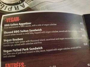 vegan menu as of April 2019 - they also sometimes have vegan desserts! at True BBQ and Whiskey Bar in Munster