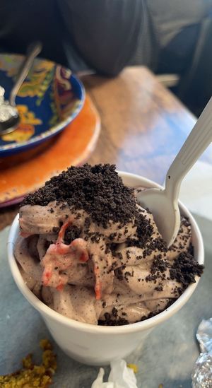 tofu frozen yogurt with strawberries and oreos mixed in  at BISHCO in Gloucester