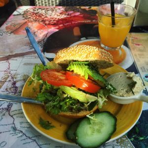 Vegan Warm Bagel with Hummus, Tomato, Cucumber, Avo and Lettuce! at Bagels & Beans - De Clercqstraat in Amsterdam