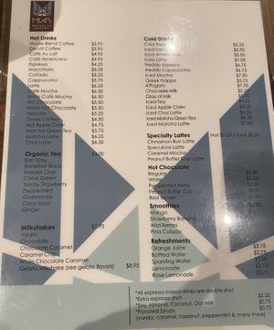 Drinks menu  at Mia's Brooklyn Bakery in New York City