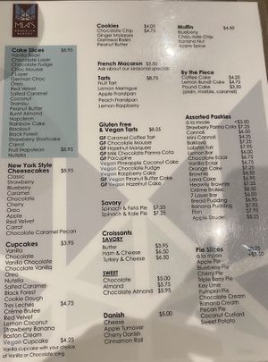 Food menu  at Mia's Brooklyn Bakery in New York City