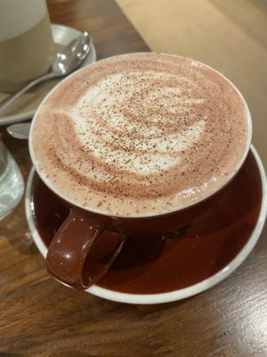Red velvet hot chocolate with soy milk   at Mia's Brooklyn Bakery in New York City