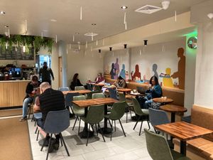 Inside seating at Mia's Brooklyn Bakery in New York City