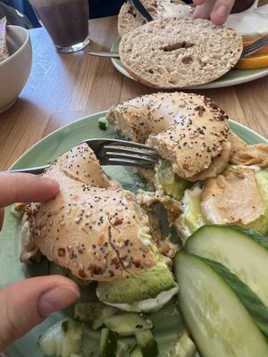 Bagel with vegan chicken, cream cheese and avocado!   at Bagels & Beans - Overtoom in Amsterdam