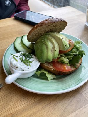Avocado with chive cream cheese on a veggie bagel  at Bagels & Beans - Roetersstraat in Amsterdam