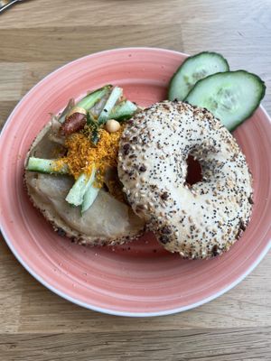 Thai chicken chili on an everything bagel   at Bagels & Beans - Roetersstraat in Amsterdam
