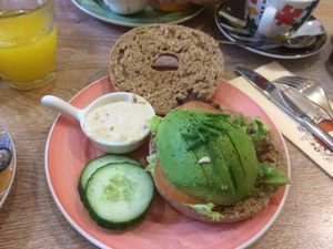 With vegan red pepper cream cheese  at Bagels & Beans - Van Baerlestraat in Amsterdam