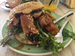 Vegetarian Butcher "chicken" (vegan bagle) at Bagels & Beans - Waterlooplein in Amsterdam