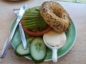 Bagel with vegan creamcheese, tomato and avocado at Bagels & Beans - Waterlooplein in Amsterdam