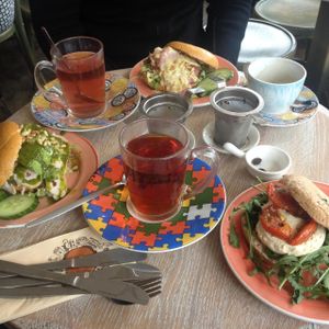 All our order - 3 bagels, 2 teas, 1 coffee at Bagels & Beans - Waterlooplein in Amsterdam
