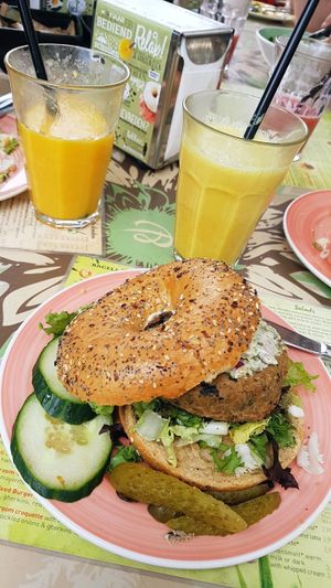 vegan weed burger with weed sauce + almond drink at Bagels & Beans - Waterlooplein in Amsterdam