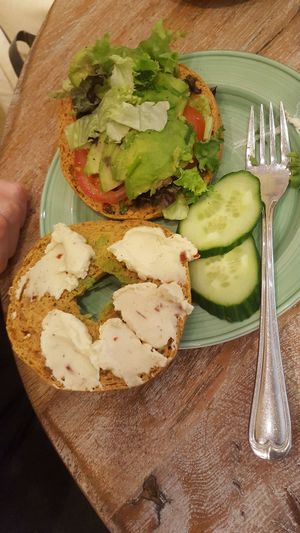 Tomato bagel with red bell pepper cream cheese at Bagels & Beans - Waterlooplein in Amsterdam