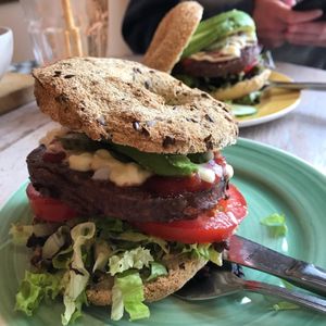 Meatless Magic burger
Note: the bread of the bagel in the front (prana bagel) is not vegan.  at Bagels & Beans - Zeilstraat in Amsterdam