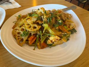 Lotus Root Veggie Stir Fry at Fusion Fare Restaurant in Santa Cruz